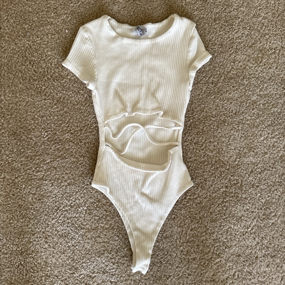 Princess Polly Cream Ribbed Cutout Bodysuit